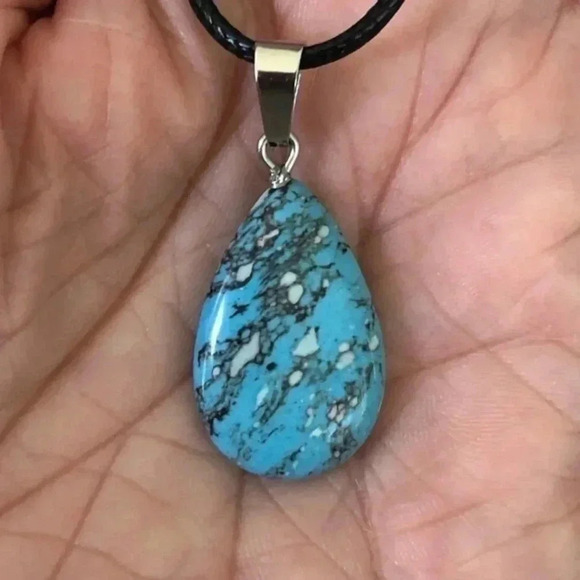 Blue Grey Stone Teardrop Braided Stainless Steel Necklace NWT - Picture 1 of 3